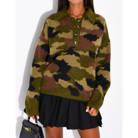 Camouflage Sweater with Button-Down Collar