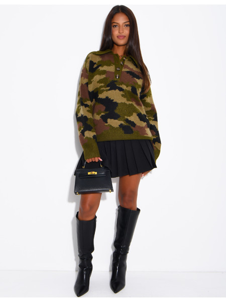 Camouflage Sweater with Button-Down Collar
