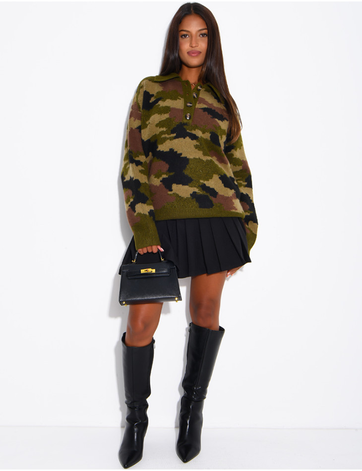 Camouflage Sweater with Button-Down Collar