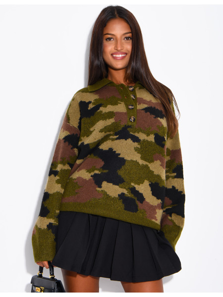 Camouflage Sweater with Button-Down Collar