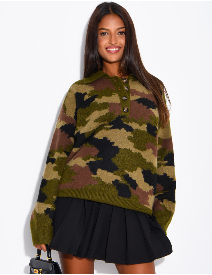 Camouflage Sweater with Button-Down Collar