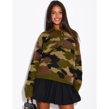 Camouflage Sweater with Button-Down Collar