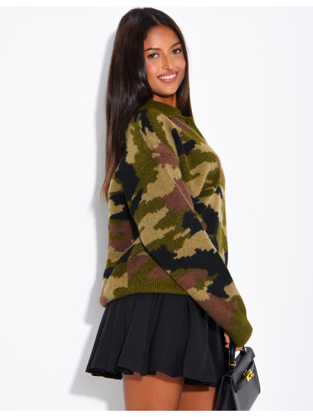 Camouflage Sweater with Button-Down Collar