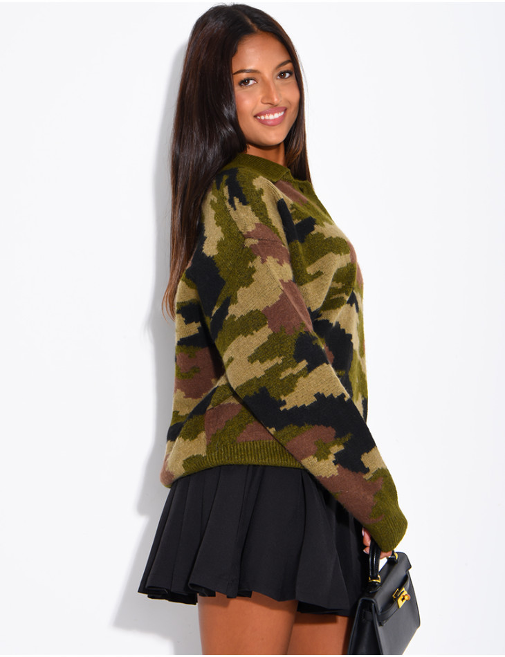 Camouflage Sweater with Button-Down Collar