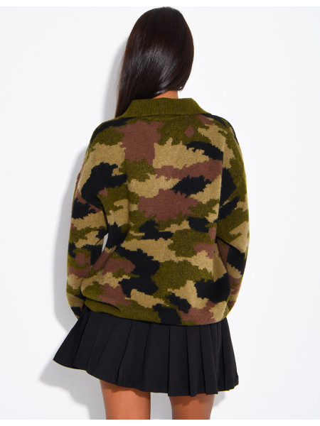 Camouflage Sweater with Button-Down Collar