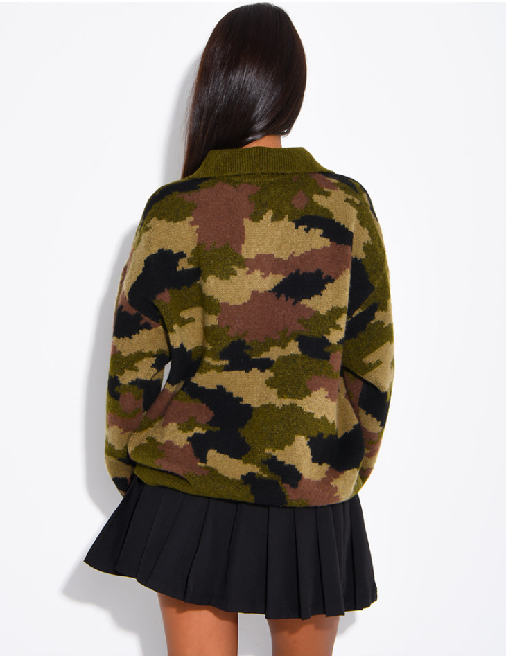Camouflage Sweater with Button-Down Collar