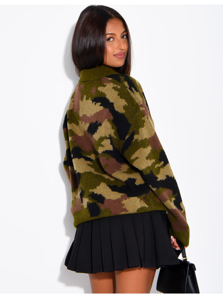 Camouflage Sweater with Button-Down Collar