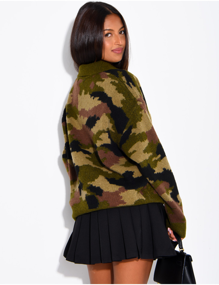 Camouflage Sweater with Button-Down Collar