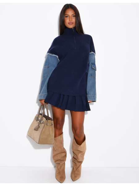 Blended knit and denim sweater