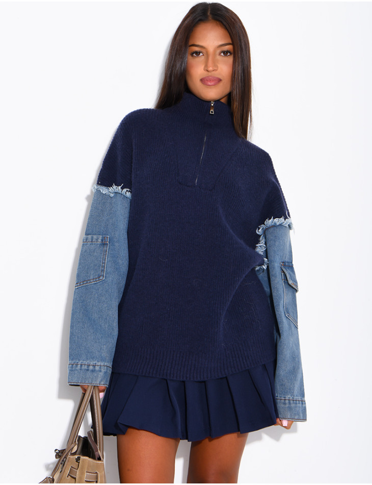 Blended knit and denim sweater