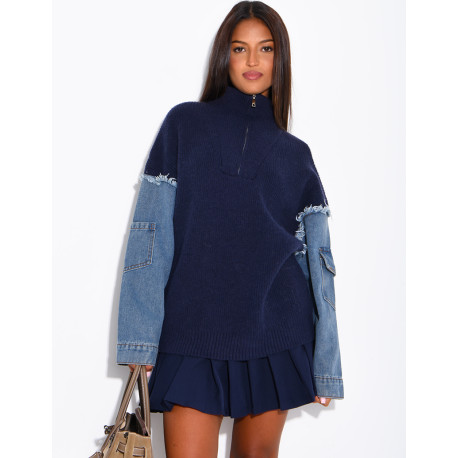 Blended knit and denim sweater