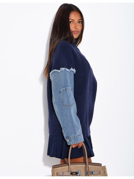 Blended knit and denim sweater