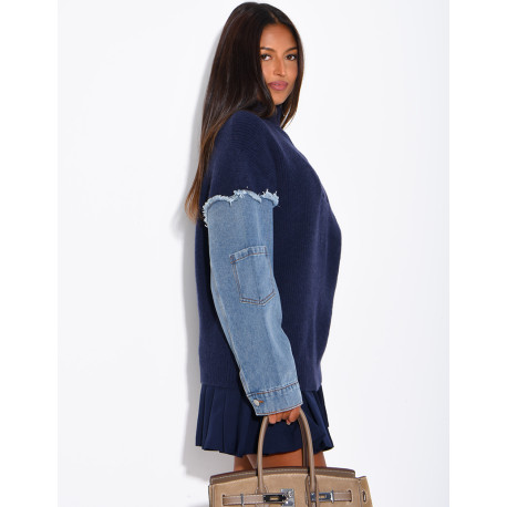 Blended knit and denim sweater