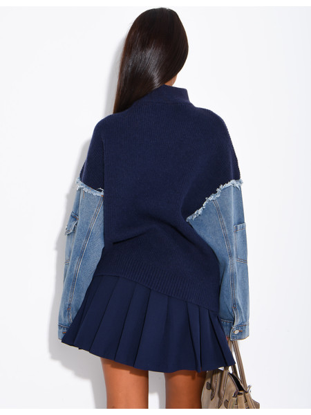 Blended knit and denim sweater