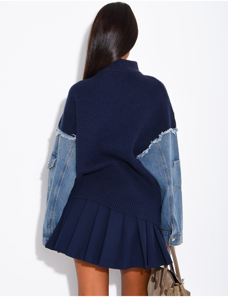 Blended knit and denim sweater