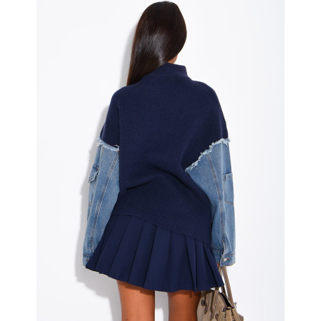 Blended knit and denim sweater