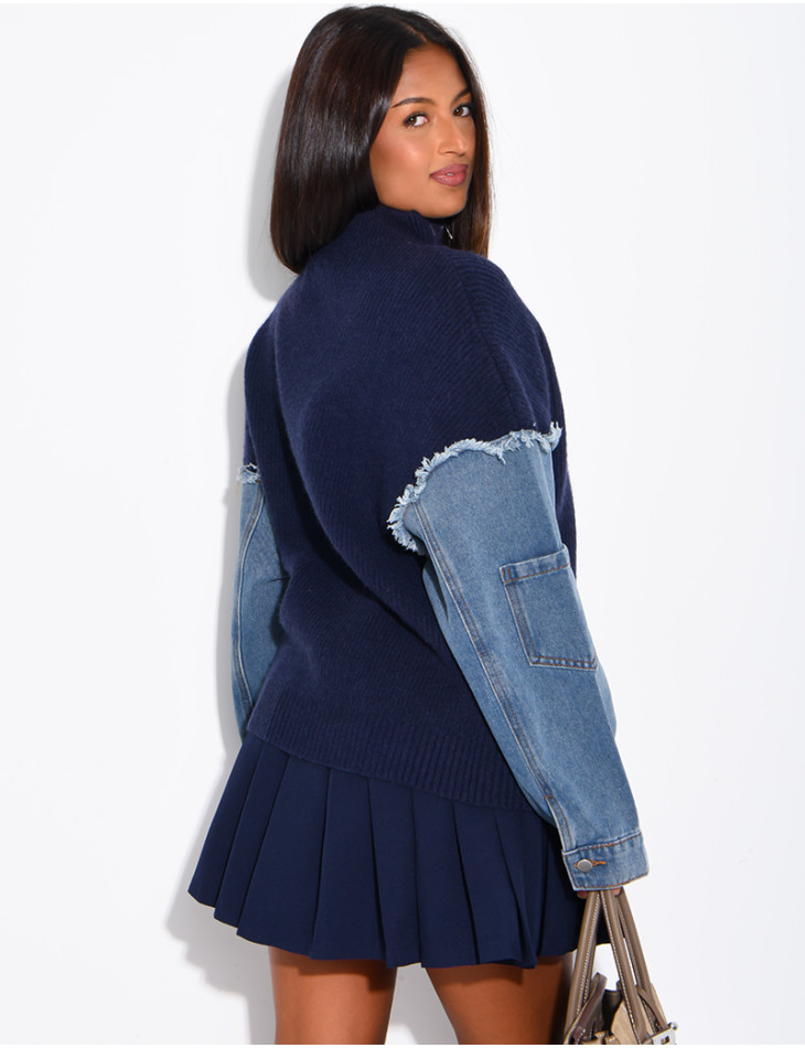 Blended knit and denim sweater