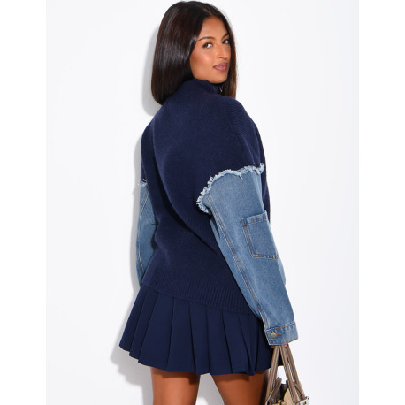 Blended knit and denim sweater