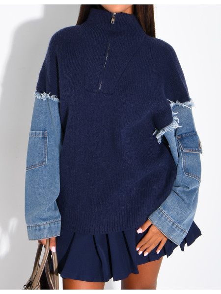 Blended knit and denim sweater