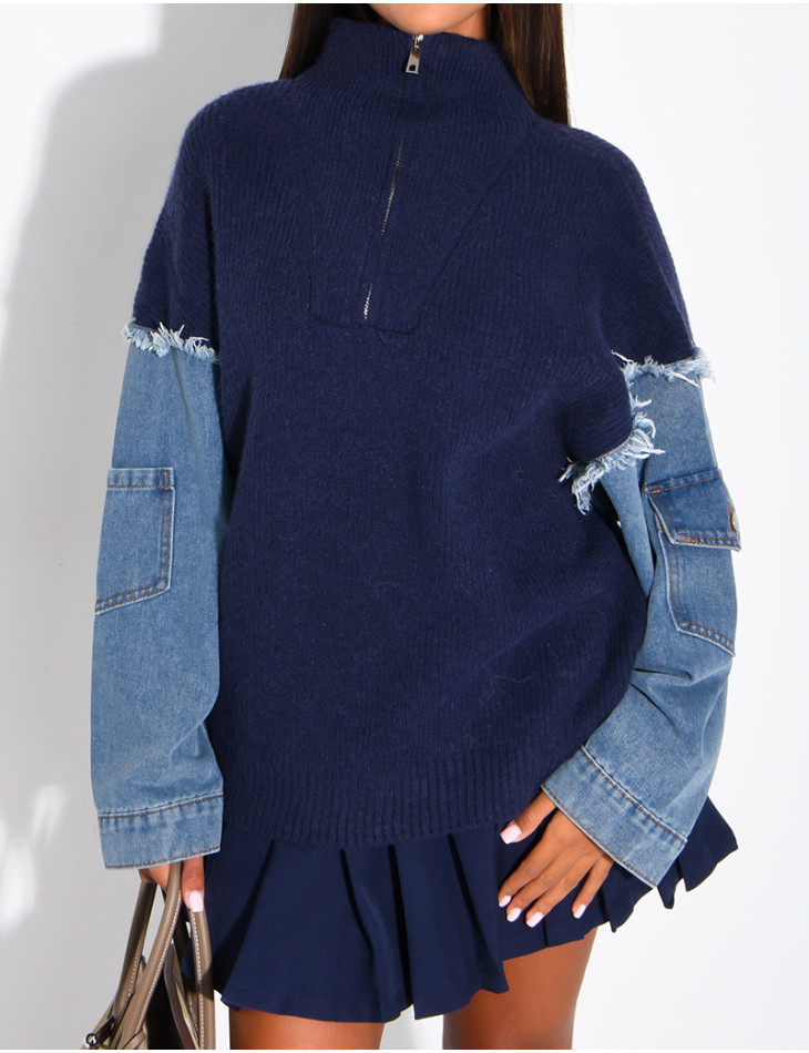 Blended knit and denim sweater