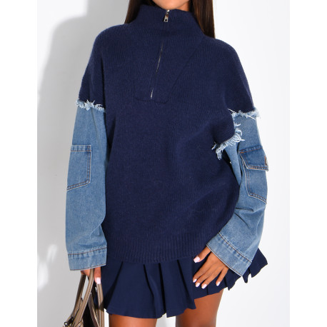 Blended knit and denim sweater