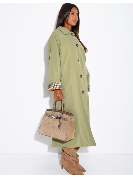Long button-up trench coat with cuffs featuring a Vichy check pattern