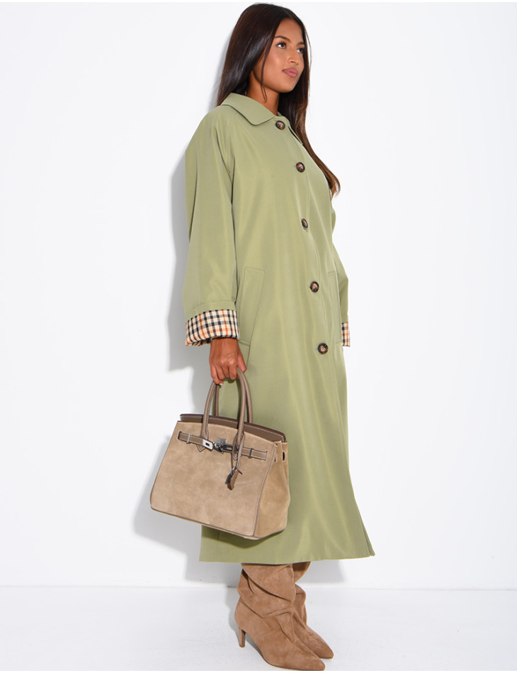 Long button-up trench coat with cuffs featuring a Vichy check pattern