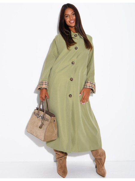 Long button-up trench coat with cuffs featuring a Vichy check pattern