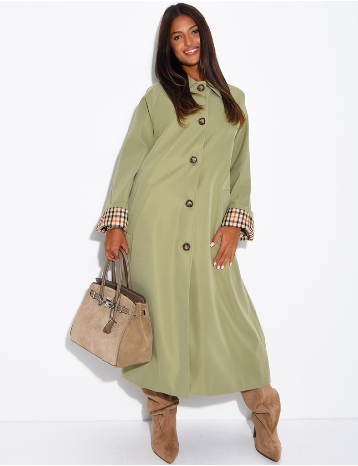 Long button-up trench coat with cuffs featuring a Vichy check pattern