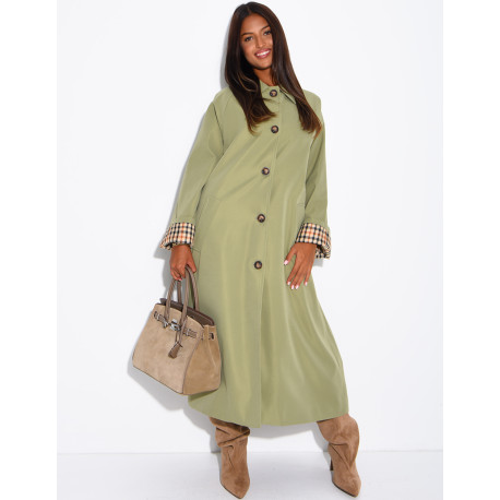 Long button-up trench coat with cuffs featuring a Vichy check pattern