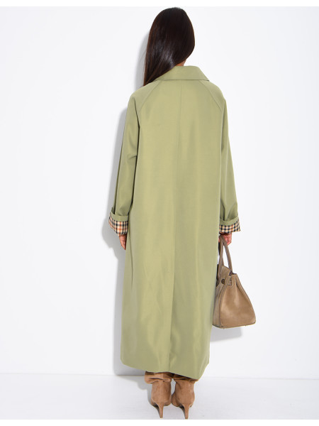 Long button-up trench coat with cuffs featuring a Vichy check pattern