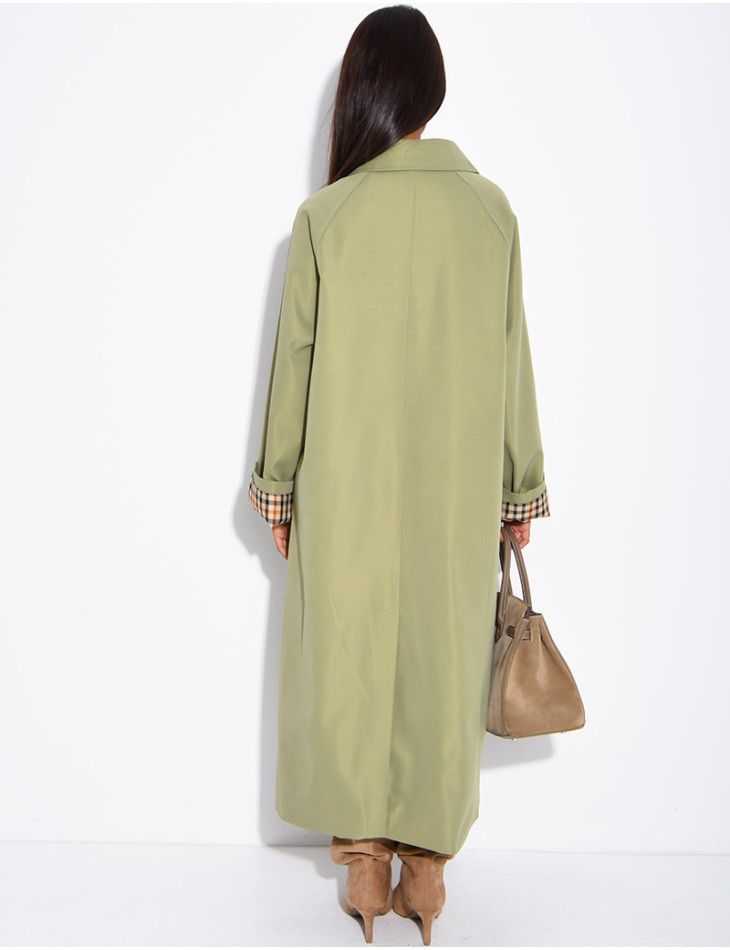 Long button-up trench coat with cuffs featuring a Vichy check pattern