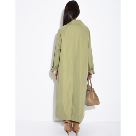 Long button-up trench coat with cuffs featuring a Vichy check pattern