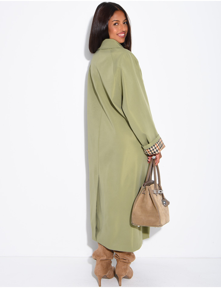 Long button-up trench coat with cuffs featuring a Vichy check pattern