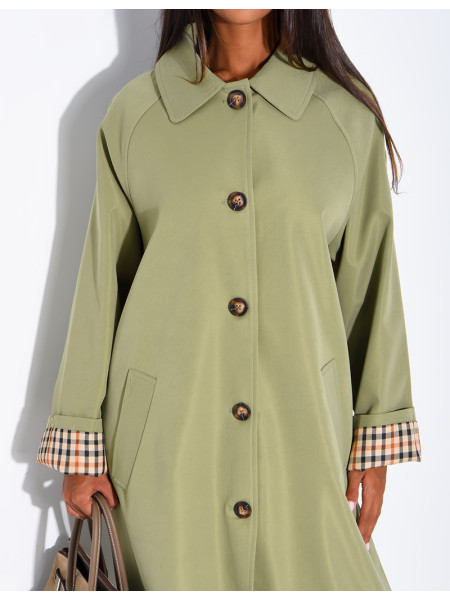 Long button-up trench coat with cuffs featuring a Vichy check pattern