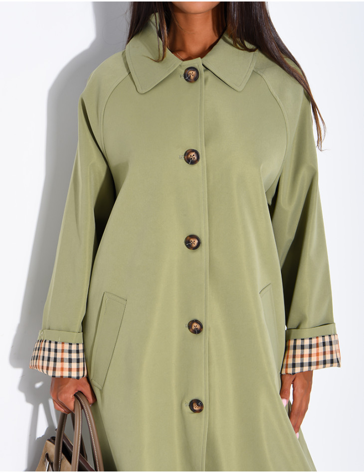 Long button-up trench coat with cuffs featuring a Vichy check pattern
