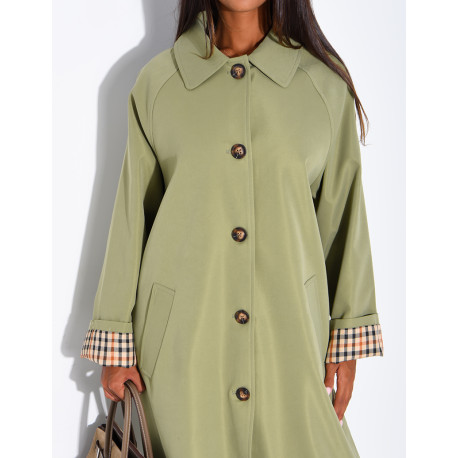 Long button-up trench coat with cuffs featuring a Vichy check pattern