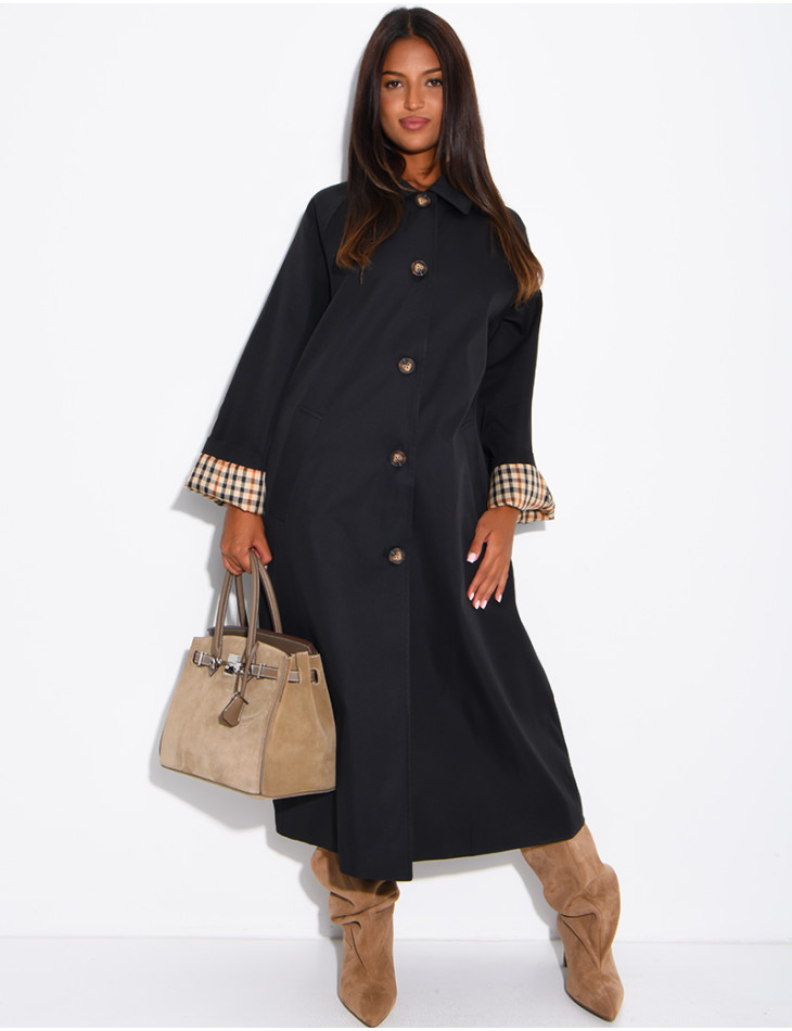 Long button-up trench coat with cuffs featuring a Vichy check pattern