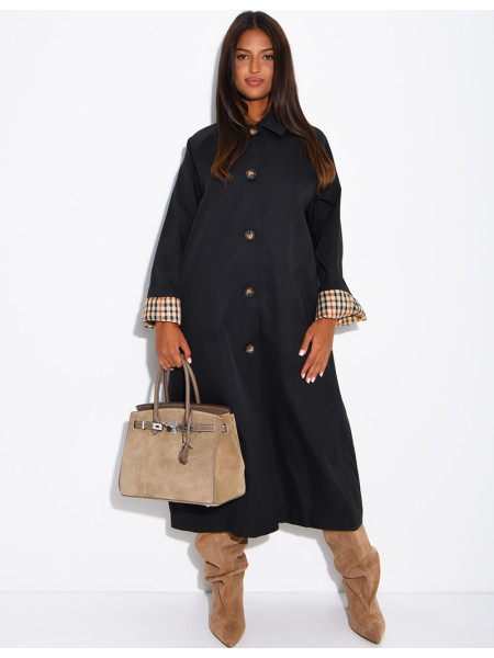 Long button-up trench coat with cuffs featuring a Vichy check pattern