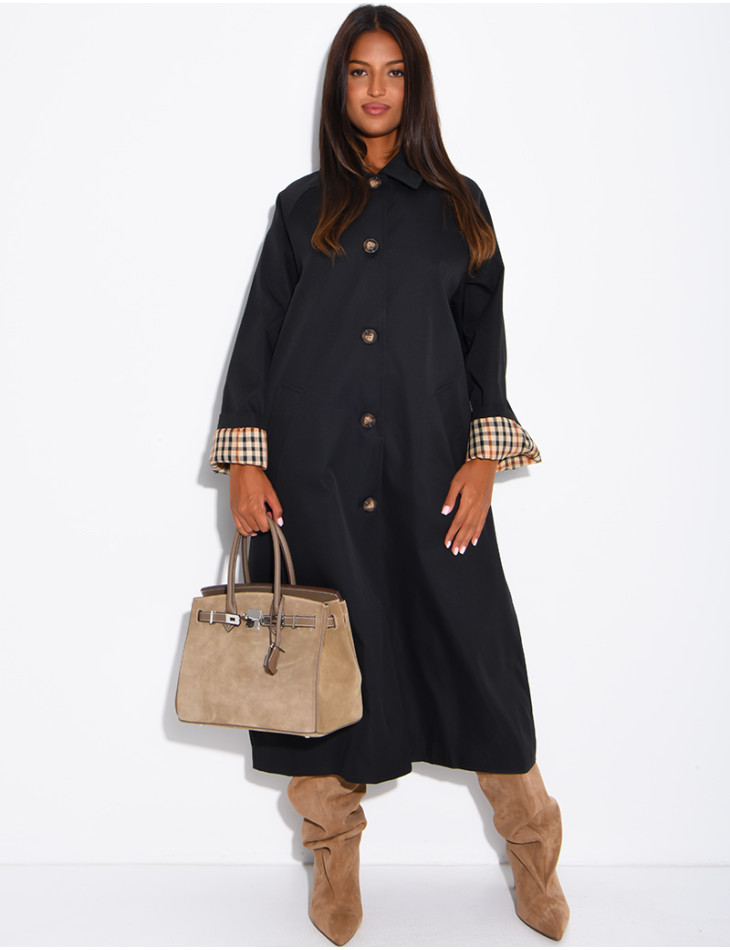 Long button-up trench coat with cuffs featuring a Vichy check pattern