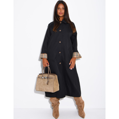 Long button-up trench coat with cuffs featuring a Vichy check pattern