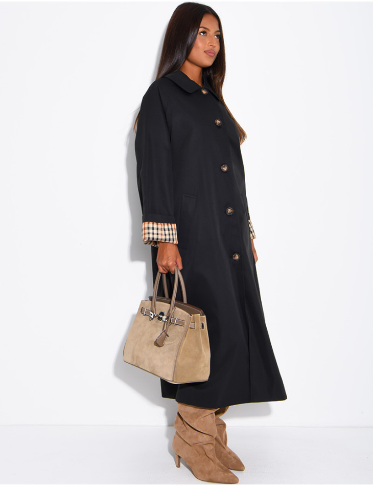 Long button-up trench coat with cuffs featuring a Vichy check pattern