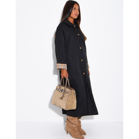 Long button-up trench coat with cuffs featuring a Vichy check pattern
