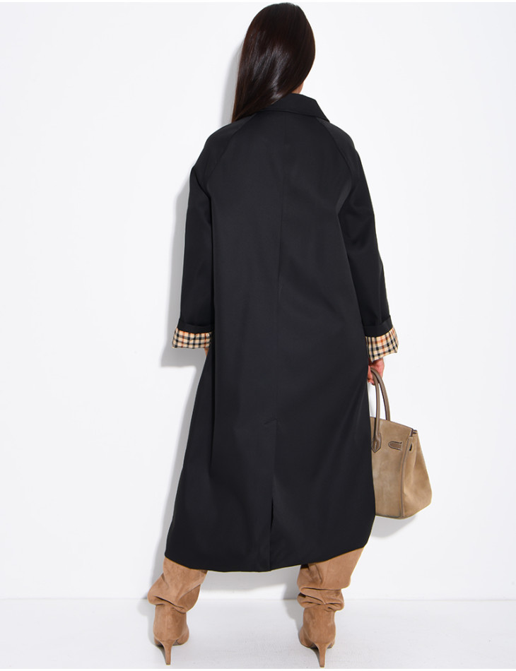 Long button-up trench coat with cuffs featuring a Vichy check pattern