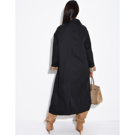 Long button-up trench coat with cuffs featuring a Vichy check pattern