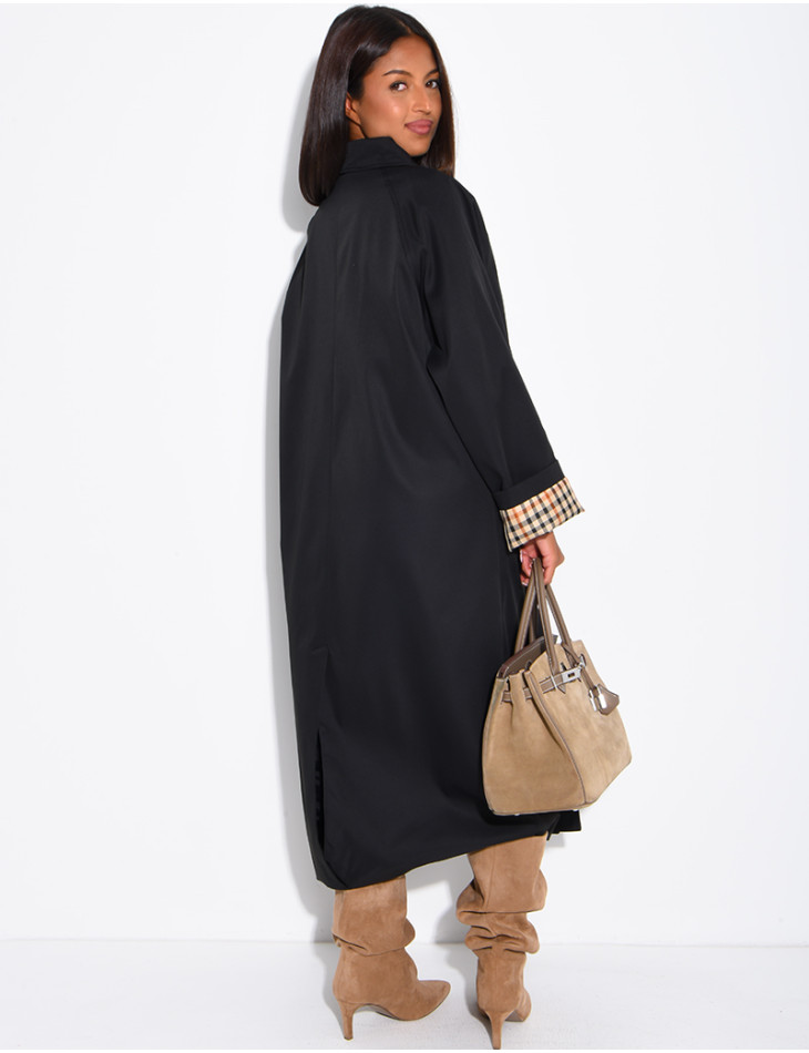 Long button-up trench coat with cuffs featuring a Vichy check pattern