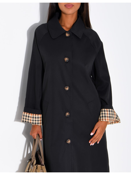 Long button-up trench coat with cuffs featuring a Vichy check pattern