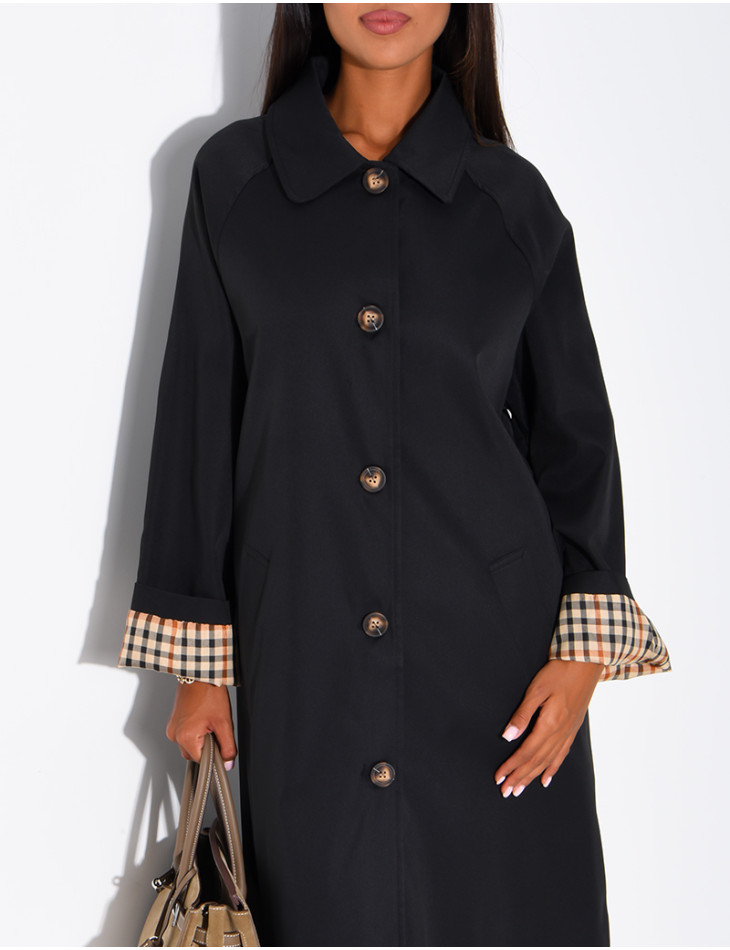 Long button-up trench coat with cuffs featuring a Vichy check pattern