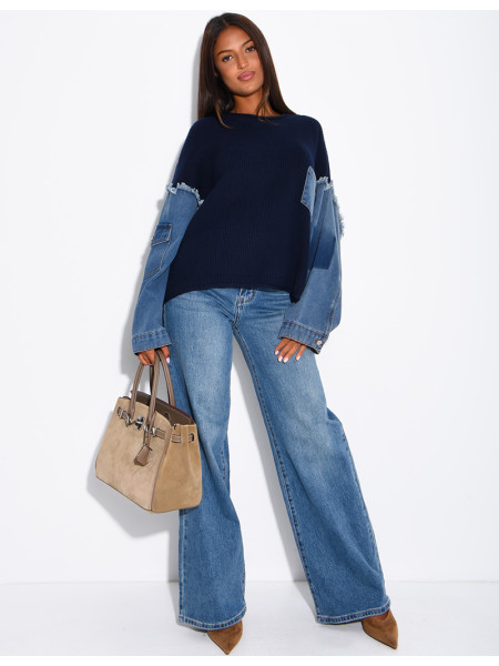 Oversized wool sweater with denim sleeves