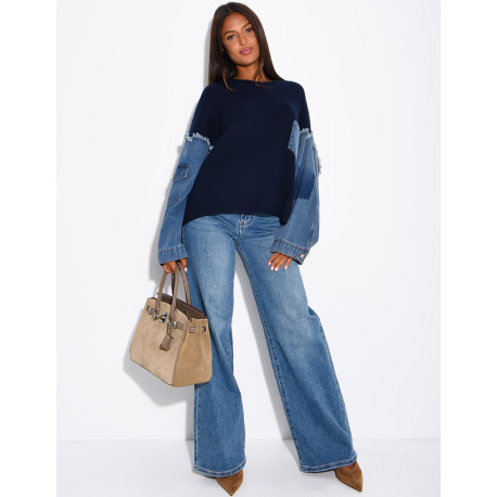 Oversized wool sweater with denim sleeves